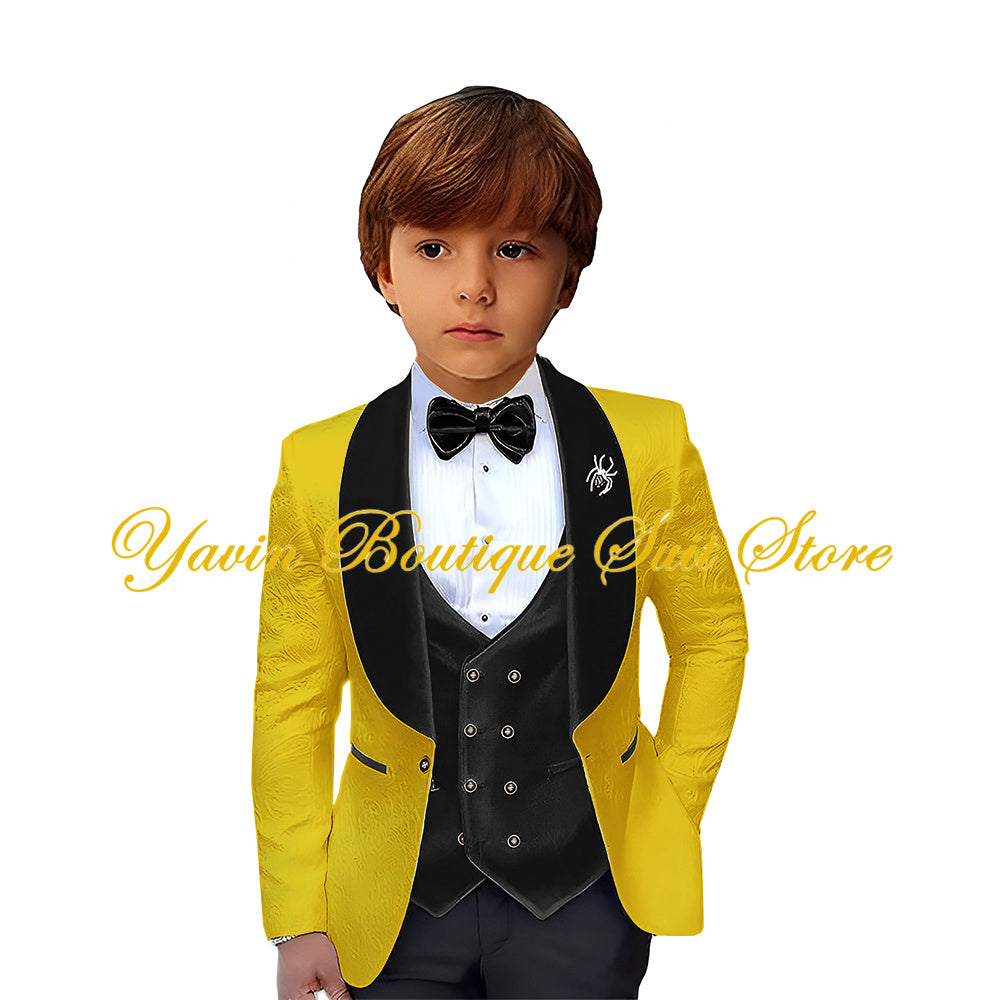 Velvet Collar Boy Suit Jacquard Blazer 3 Pieces Jacket Pants Vest Set Kids Wedding Tuxedo Formal Children Outfit