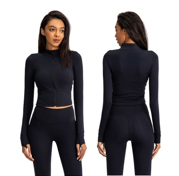 Women&#039;s Yoga Long Sleeves Jacket Outfit Full Zip Cardigan Solid Color Nude Sports Shaping Waist Tight Fitness Short Loose Jogging Sport