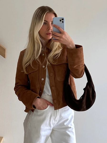 Fashionable brown collar single chest half season womens jacket retro long sleeved suede jacket womens casual street jacket 240925