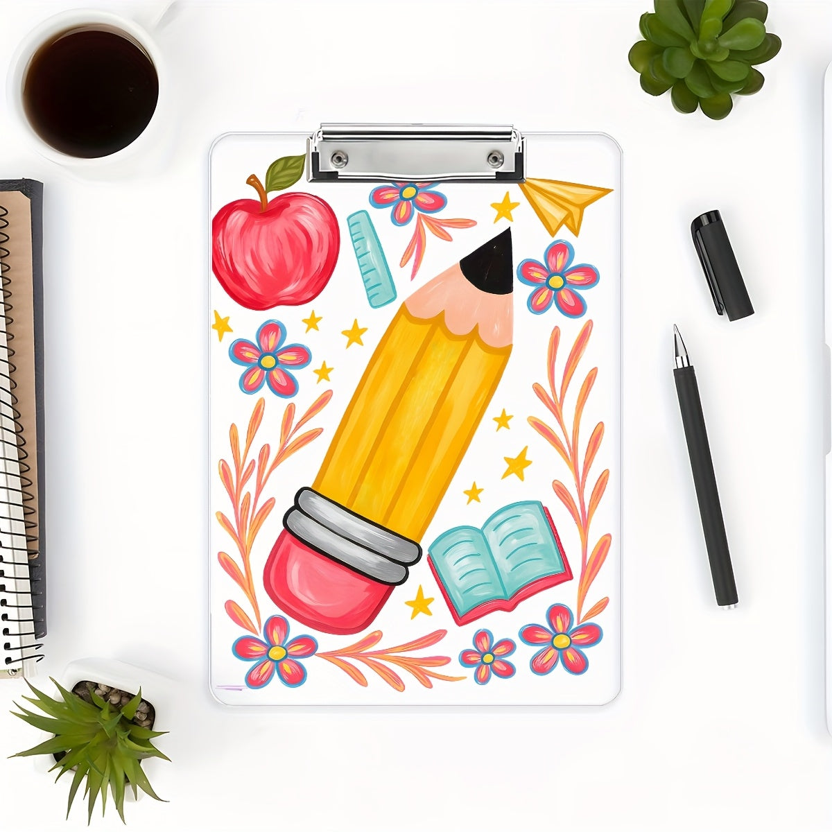 TEMU 1pc A4 -painted Acrylic Clipboard With Metal Clasp - Pencils Design, Perfect For Office - Teachers Students Gift For Christmas, Halloween, Back