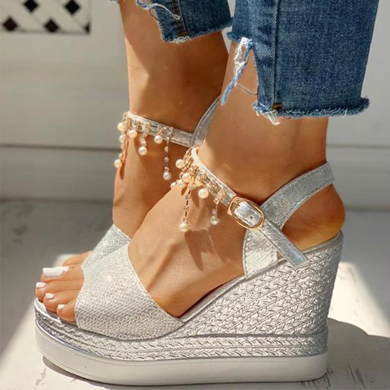 Women Wedge Sandals Summer Bead Studded Detail Platform Sandals Buckle Strap Peep Toe Thick Bottom Casual Shoes Ladies 240708
