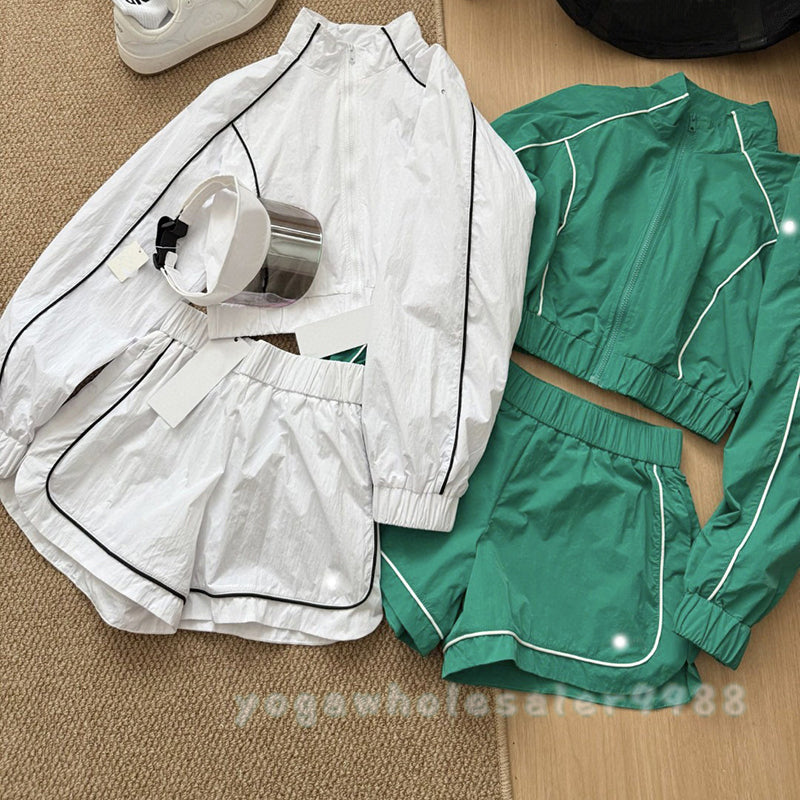 2Pcs Women Yoga Jacket Sets Workout Sports Sets Motivate Full-Zip Track Jacket And Shorts Gym Coat Fitness Jackets Sports Quick Dry Activewear Solid