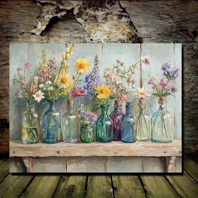 TEMU Canvas Art - Wooden Frame Wall Decor, Vintage Shelf With Colorful Glass Bottles. Home And Office. Ready To Hang For Instant Charm