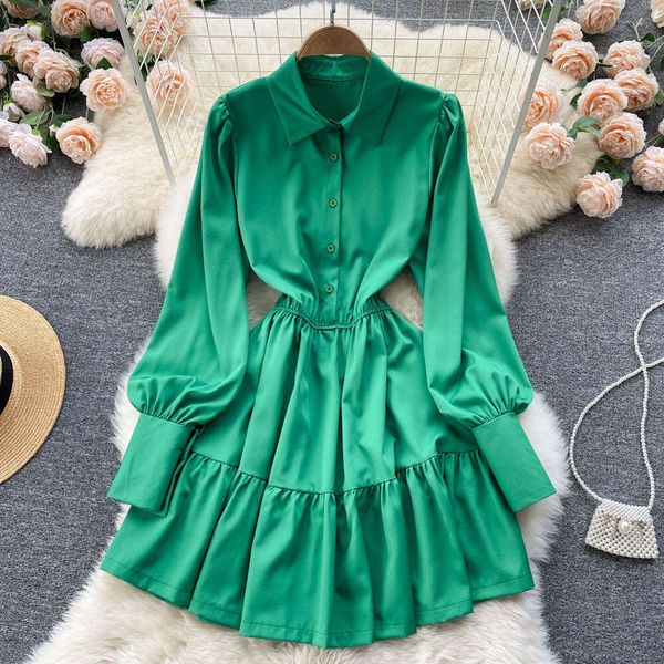 Solid Color, Simple Bubble Sleeves, Temperament, Waist Cinching, Slimming Shirt Skirt, Small Stature, Fashionable and Stylish, Pleated Dress