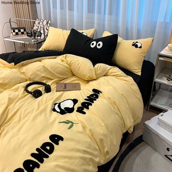Bedding sets Ins Cute Panda Bedding Set Cartoon Towel Embroidered Duvet Cover Queen Full Size Flat Bed Sheet Quilt Cover Pillowcase Kawaii J