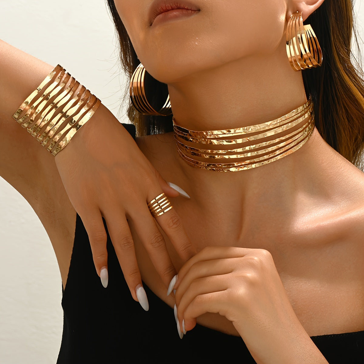 TEMU [fashionable Jewelry Set] 5pcs Set Of Fashionable Irregular Line Hammer Face Necklace, Bracelet, Ring And Earrings Set, Versatile Jewelry Gift