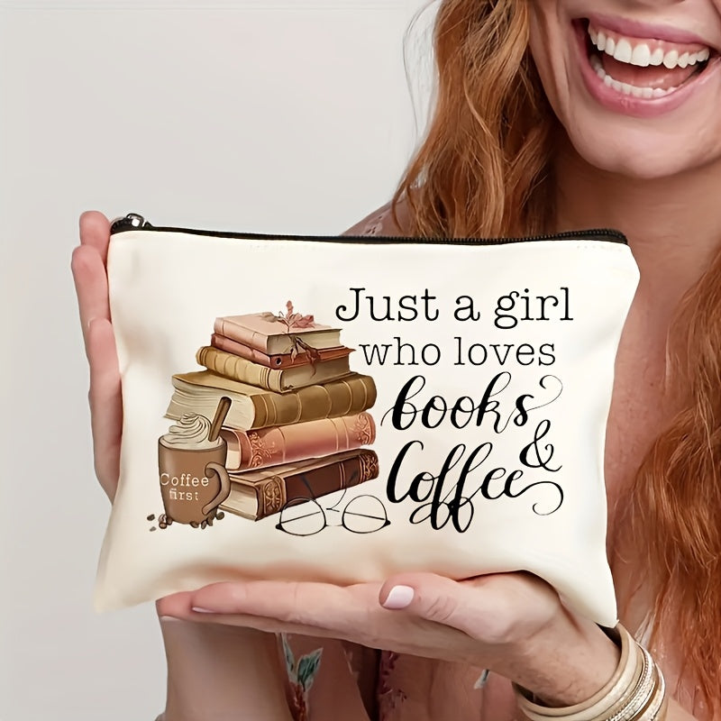 TEMU Book Lover & Coffee Enthusiast Canvas Pouch - Durable, Fade-resistant, Zippered Makeup Bag With " Who Books & Coffee" Design - Ideal Gift For