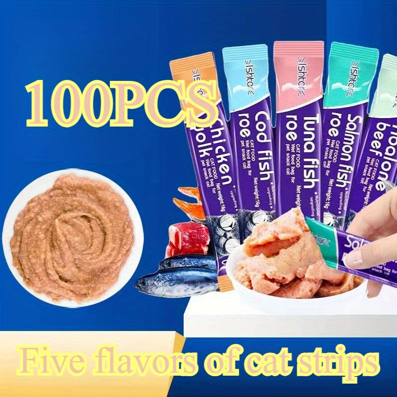 TEMU 100pcs Cat Treats For Weight & Light Beige Health - Nutritional Strips With 5 Mixed Flavors (salmon, Tuna, Cod), Soft Moisturizing Snacks For