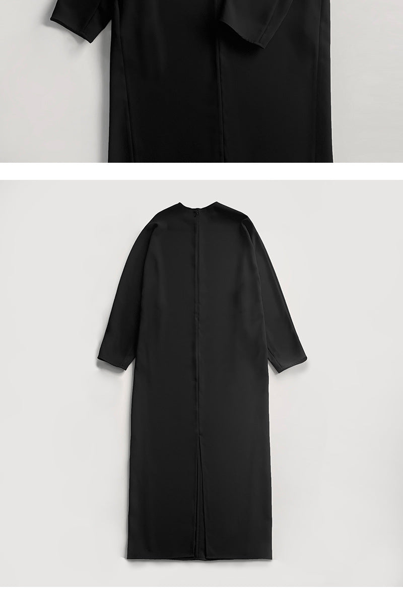 (306) Easy-to-care drapey black vinegar blend loose maxi dress with round neck and double pockets