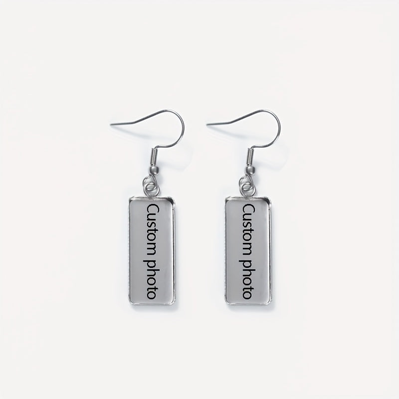 TEMU Pair Of Customizable Stainless Steel Long Rectangular Photo Earrings - Personalized Dual , Elegant Minimalist Style For Casual Attire & Holiday
