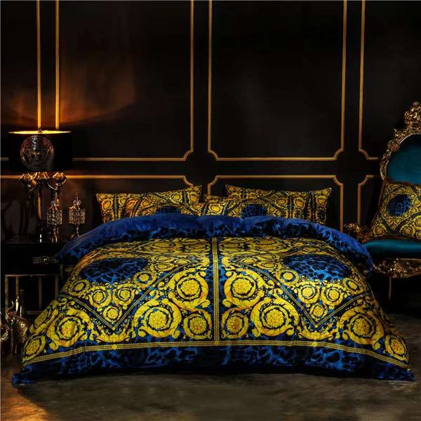 Bedding sets 5Pcs Leopard Print Bedding Sets - Luxurious Queen-King Designer Winter Warm Woven Quilt Cover Cases Bed Sheet Set in Blue Nevy