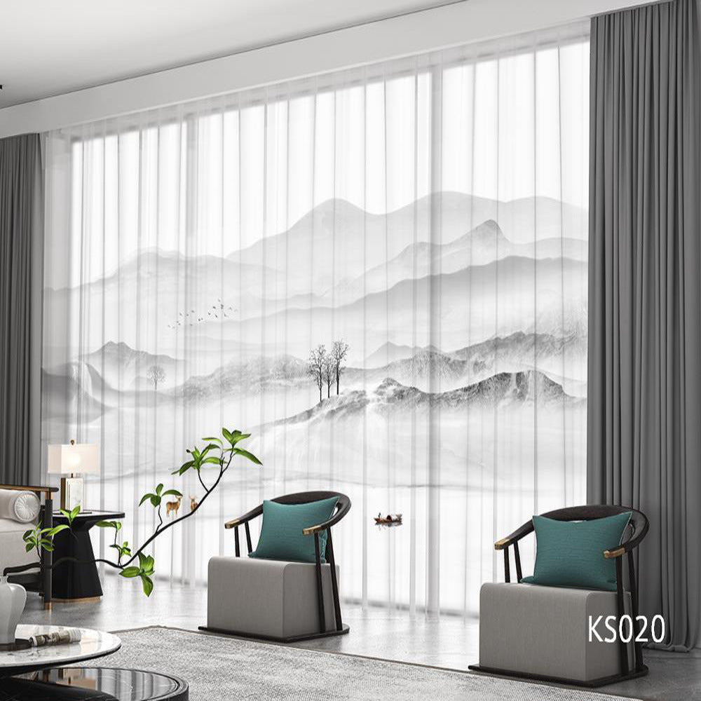 YL-366 Modern New Chinese Style Ink Painting Landscape Living Room Study High-end Bedroom Famous Hotel Curtain Zen Gauze Curtain