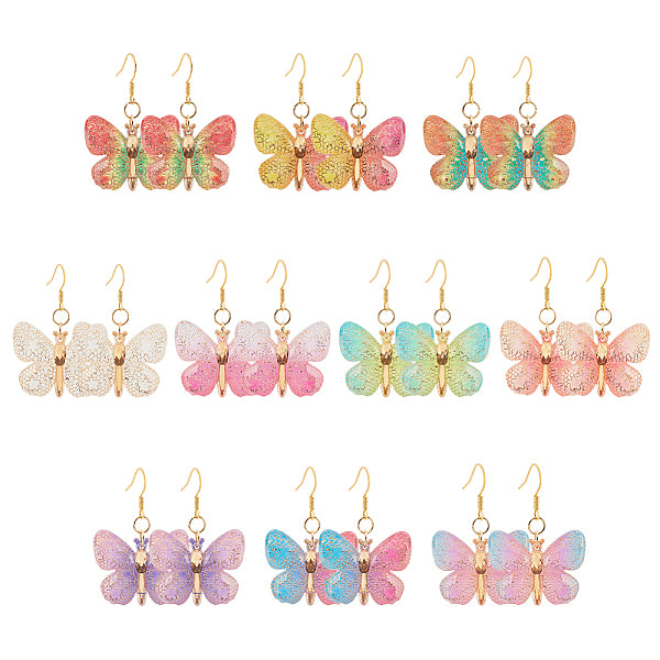 10 paires de boucles d'oreilles pendantes en résine papillon bling 10 couleurs