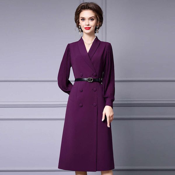 Important Occasion Dress 2024 Autumn New Product Suit Collar Look Thin Cover Meat Medium Length Long Sleeve Skirt Pregnant Womens Dress Deni