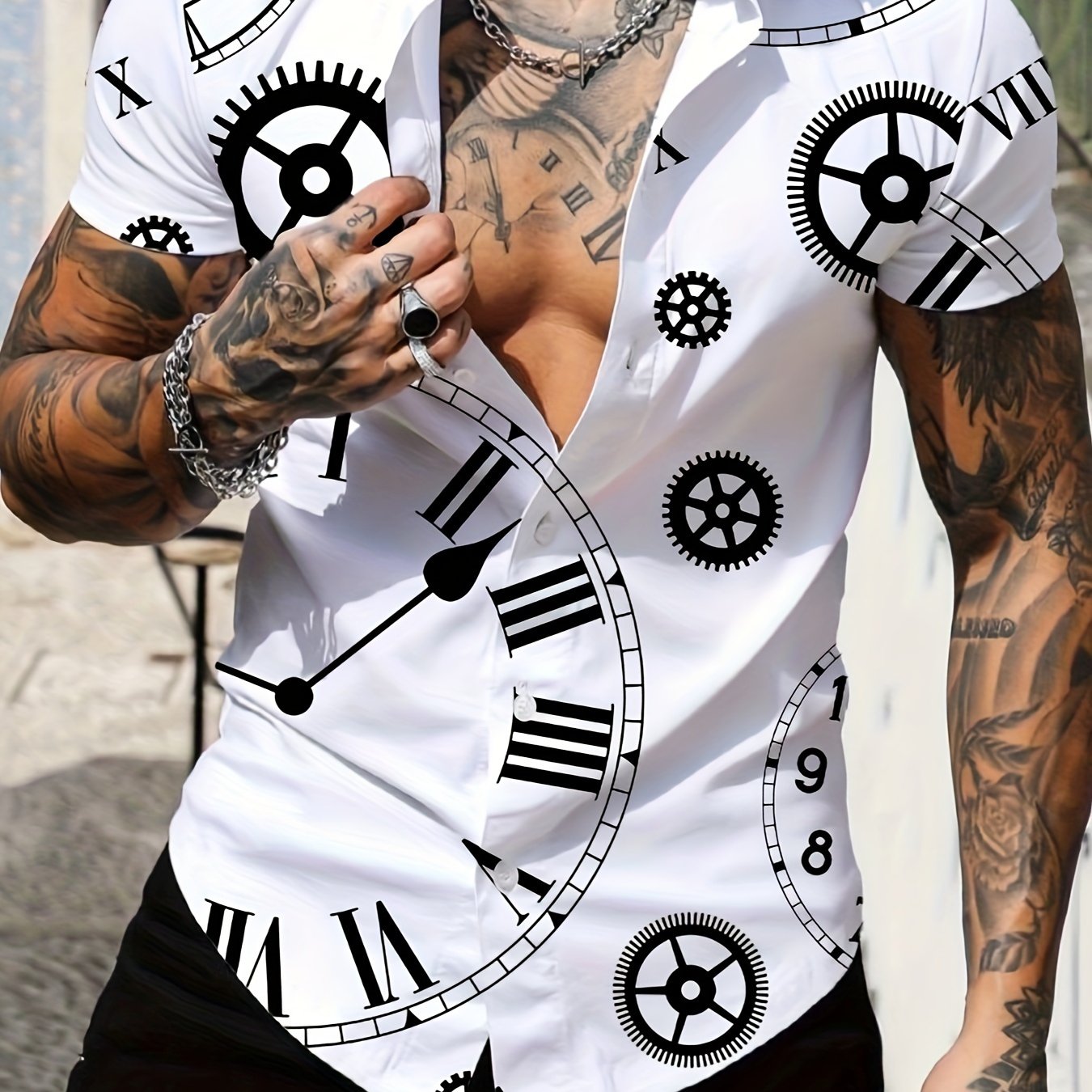 TEMU Random Print Men's All-match Short Sleeve Lapel Shirt, Summer Holiday Top