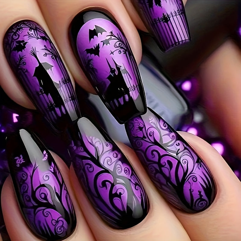 TEMU 24pcs Halloween Ballet-shaped Press-on Nails - Glossy Finish With Bat And Design, Medium Length Reusable Fake Nails For Halloween Parties,