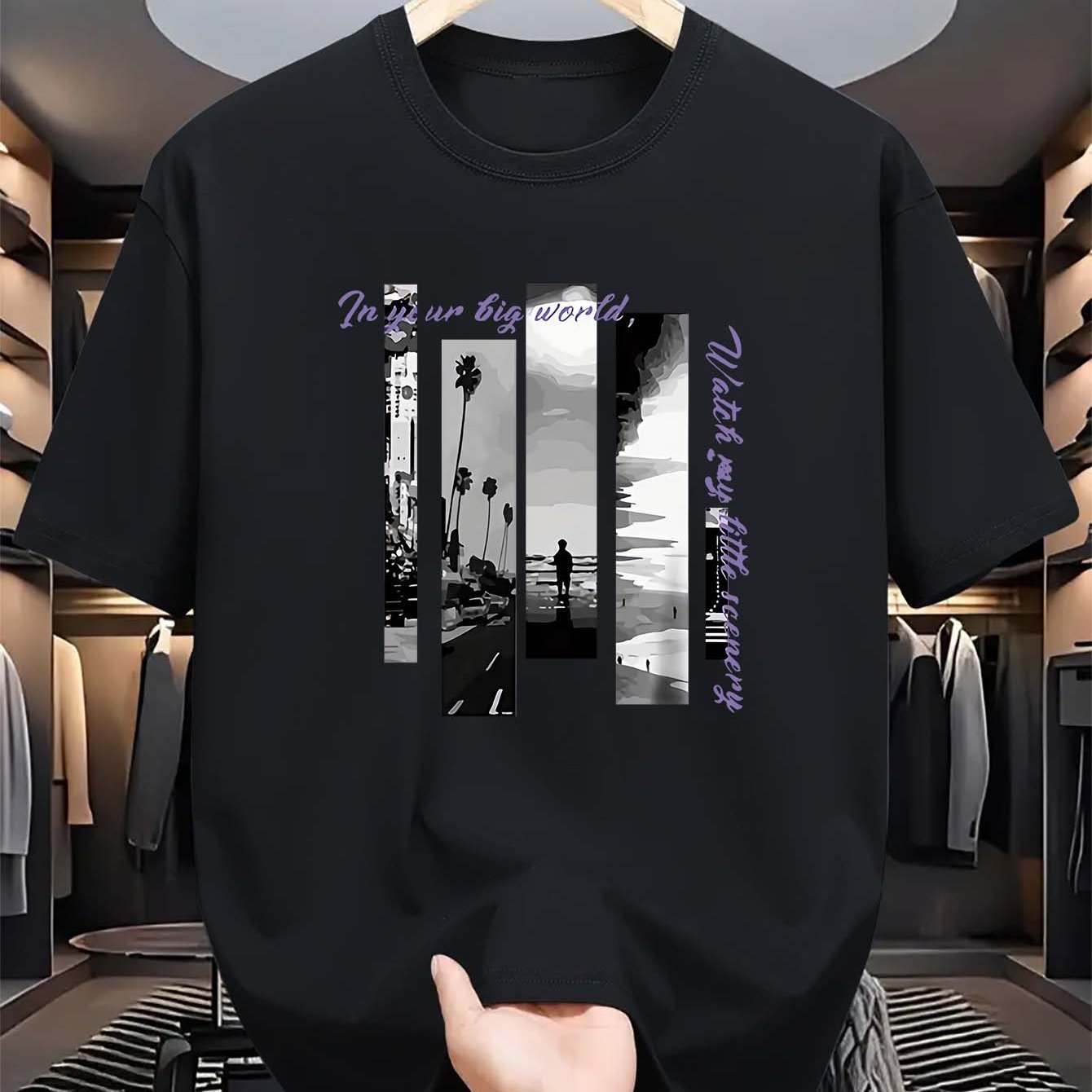 TEMU Men's Casual Round Neck T-shirt, Beach Letter Print, 100% Cotton, Slight Stretch, Summer Short Sleeve T-shirt, Fashionable And Comfortable.