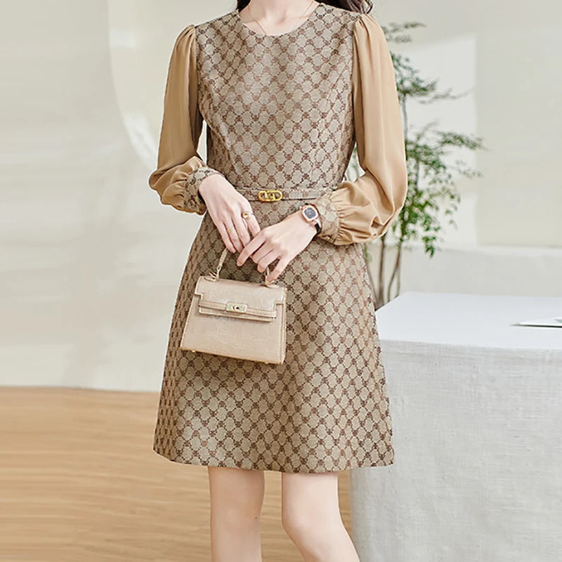 Women Casual Long Sleeves Patchwork Dress With Belt Floral Printing Slim Office A-line Dresses Women Party Vestido Autumn 250723