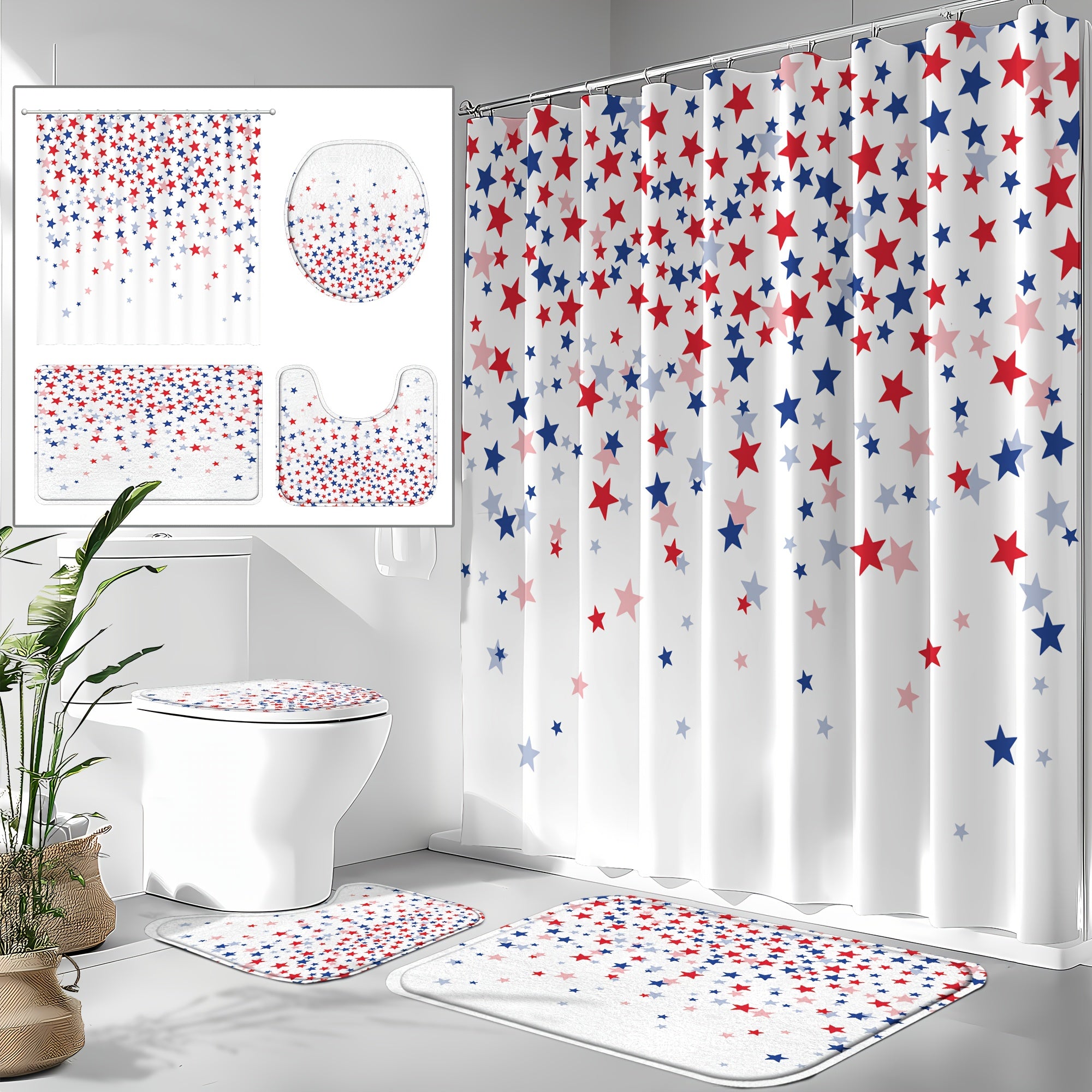 TEMU 4pcs Shower Curtain Set, Happy Bathroom Curtain With Stars, Patriotic American , Waterproof With 12 Hooks, Non-slip Bathroom Rug, U-shaped Mat,