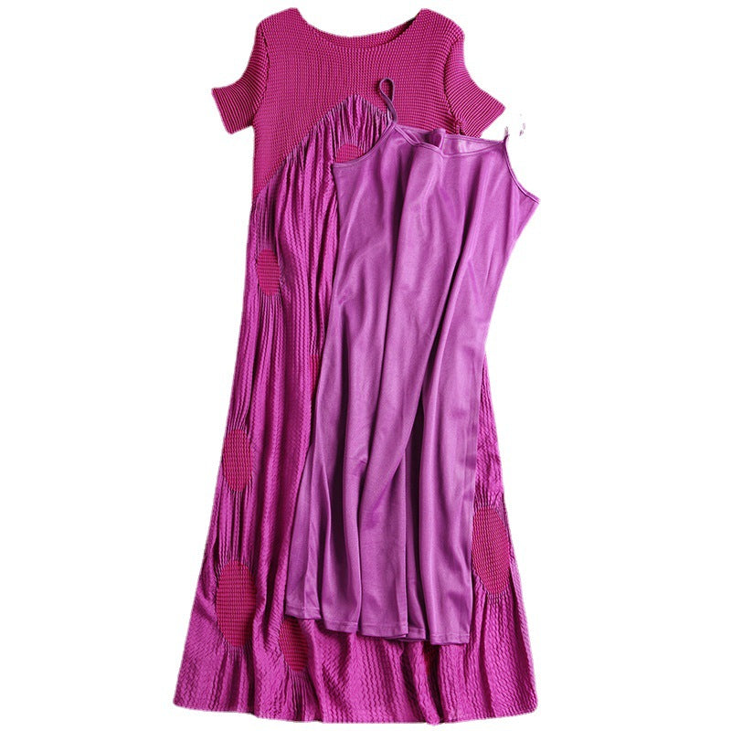 (84) Miyake short-sleeved high-end pleated dress with suspenders, women&#039;s summer long dress, cotton silk skirt