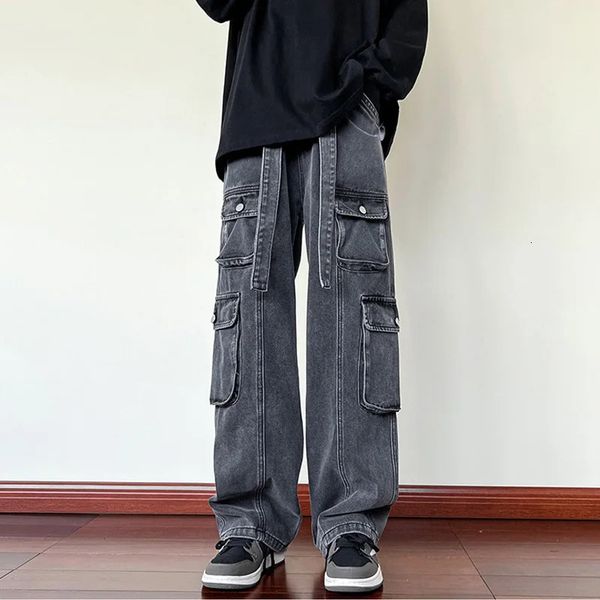 Mens Cargo Jeans Wide Leg Pants Multi Pocket Pockets Denim Trousers Hip Hop Streetwear Skateboarding Neutral Clothing 240808