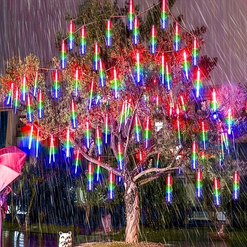 TEMU 1 Set Of 8 Tubes 192led Outdoor Meteor Shower Christmas Lights, Lights Solar Lights, Waterproof, Thanksgiving Halloween Decorative Lights, Blue