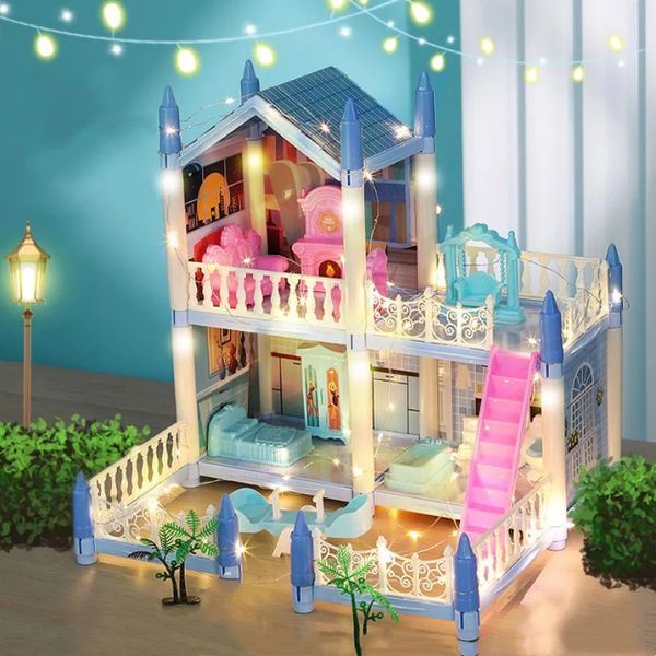 Dream Princess Castle Villa DIY 3D Assembly Dollhouse Set Toy with LED lights furniture puzzle toys suitable for girls birthday gifts 241211
