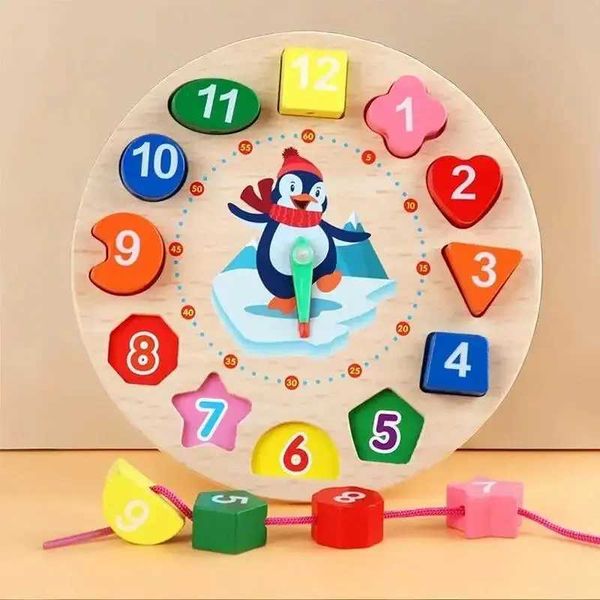 Wooden Number Blocks Puzzle Shape Color Sorting Clock Montessori Toys for Kids Early Education Penguin Patterns Time Learning C250211