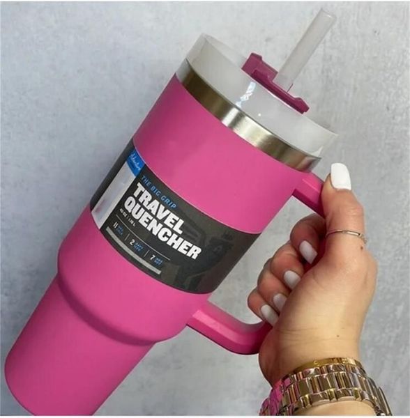 Water Bottles Hot Pink 40oz Stainless Steel Tumblers With Handle Lid and Straw Big Capacity Beer Mugs Powder Camping Cup Vacuum Insulated Dr