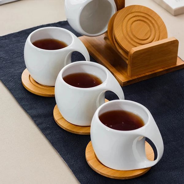 Simple white ceramic coffee cup and sauce set bamboo and wood stand afternoon tea coffee cup exquisite 190ml family cup gift 240929