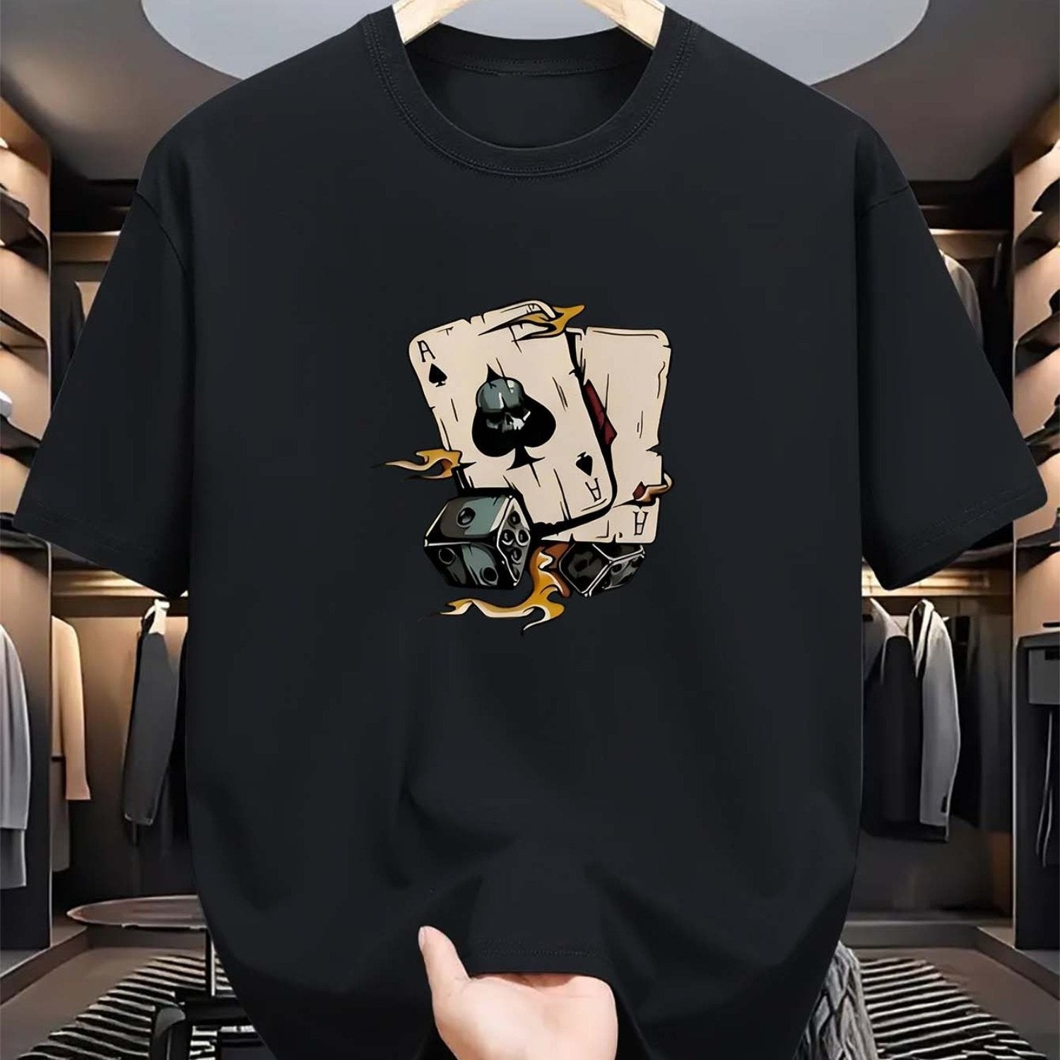 TEMU Men's Spades A Print T-shirt, Casual Crew Neck, Slight Stretch, Summer Fashion Short-sleeve Tops, Regular Fit, 180gsm Knit Fabric