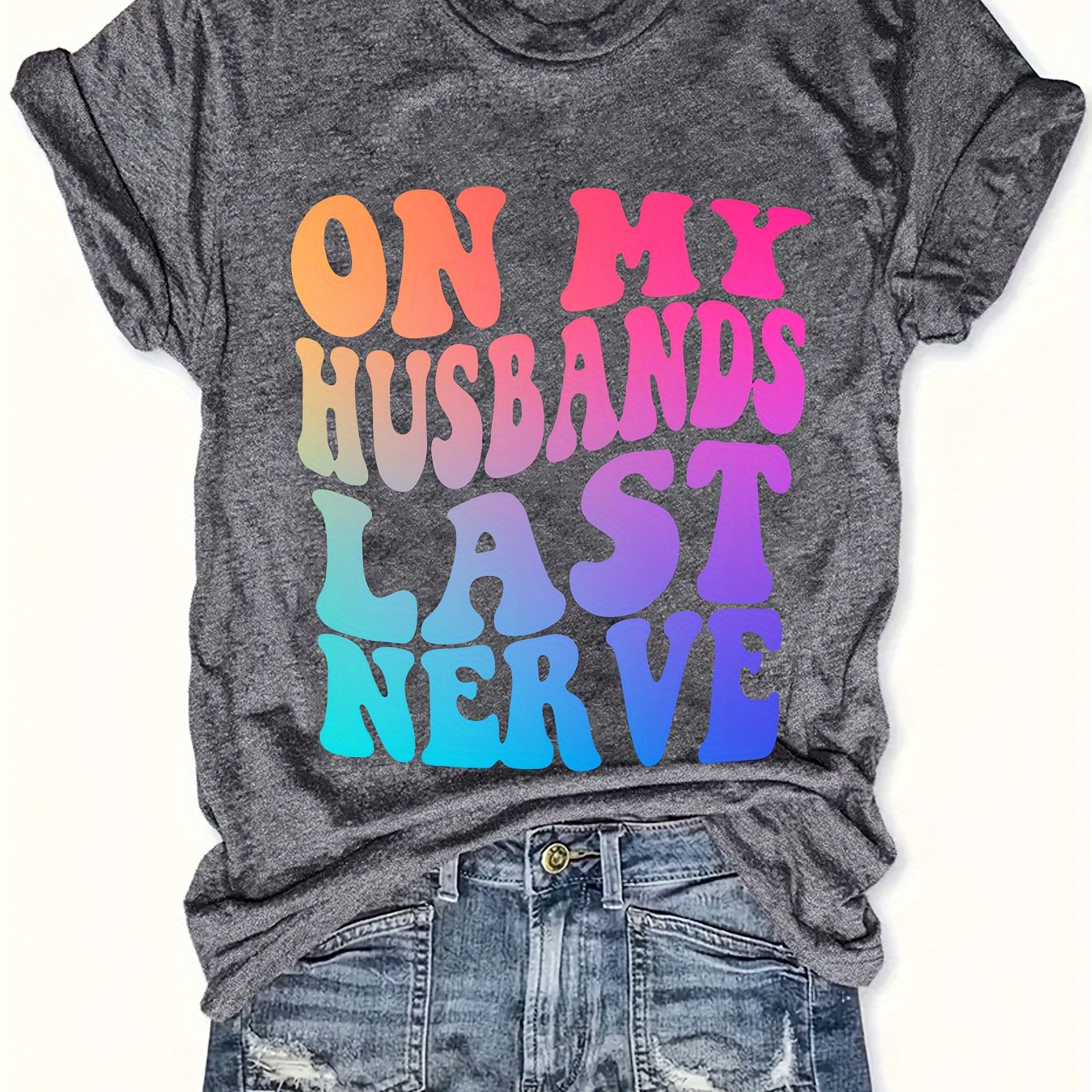 TEMU Plus Size Ombre My Husband Print T-shirt, Casual Short Sleeve Crew Neck Top For , Women's Plus Size Clothing