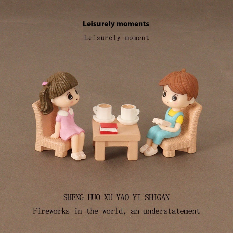 Micro landscape scene leisurely afternoon tea OB11 mini reading boy and girl coffee cup office desktop decoration