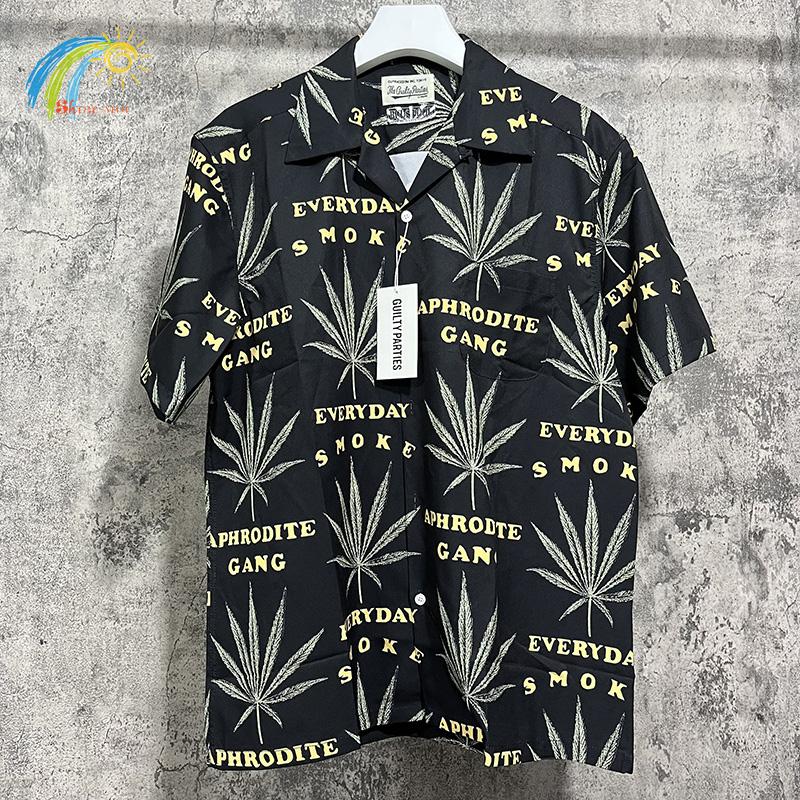 Men&#039;s Casual Shirts Golden Letters Full Print Wacko Maria Men Women 1:1 High Quality Summer Hawaiian Short Sleeve Lapel Shirt
