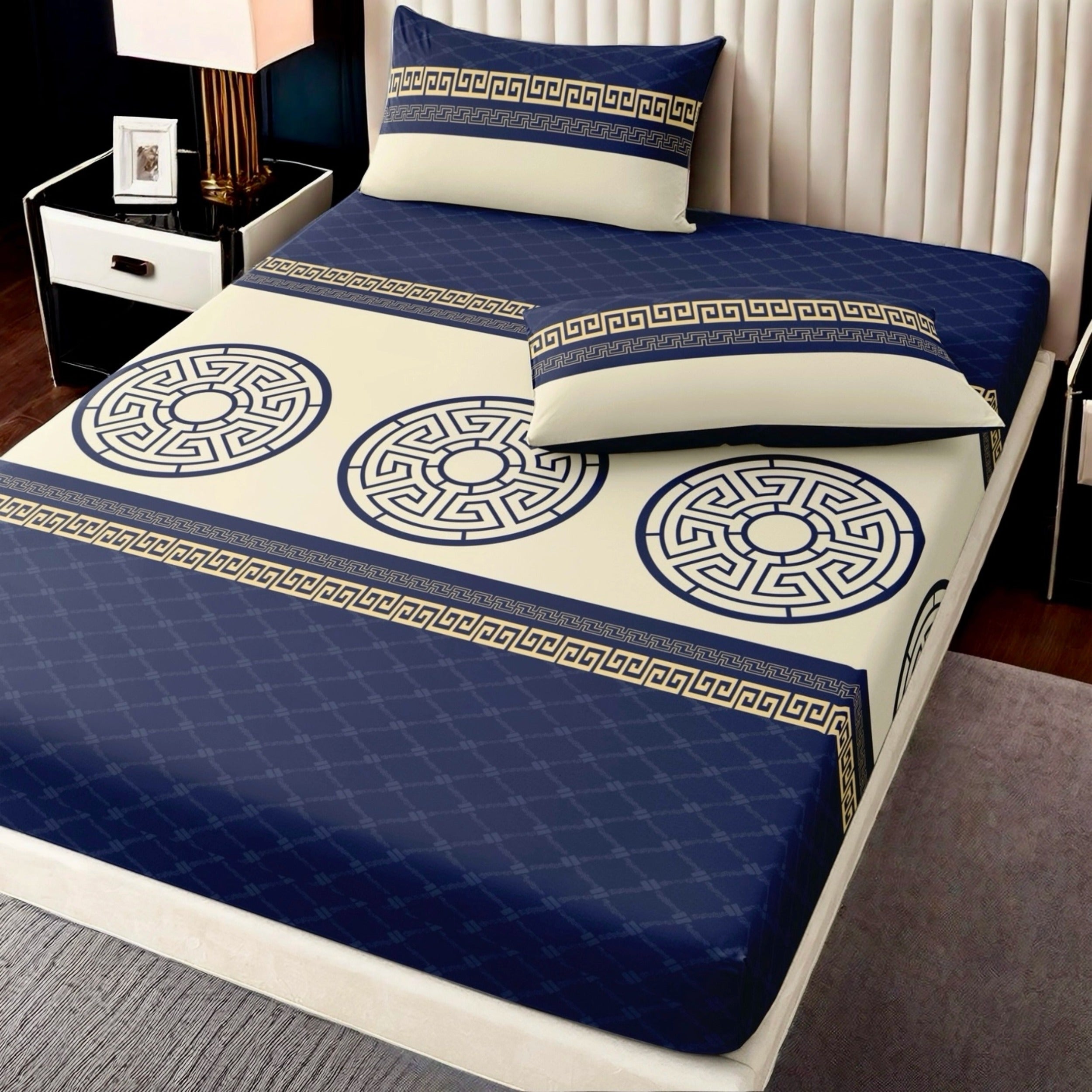 TEMU 3pcs Navy Blue Intricate Pattern, Classic Geometric Style Bed Sheet And Pillowcase Set ｜2pcs Pillowcases + Fitted Sheet | Full-queen Size - King
