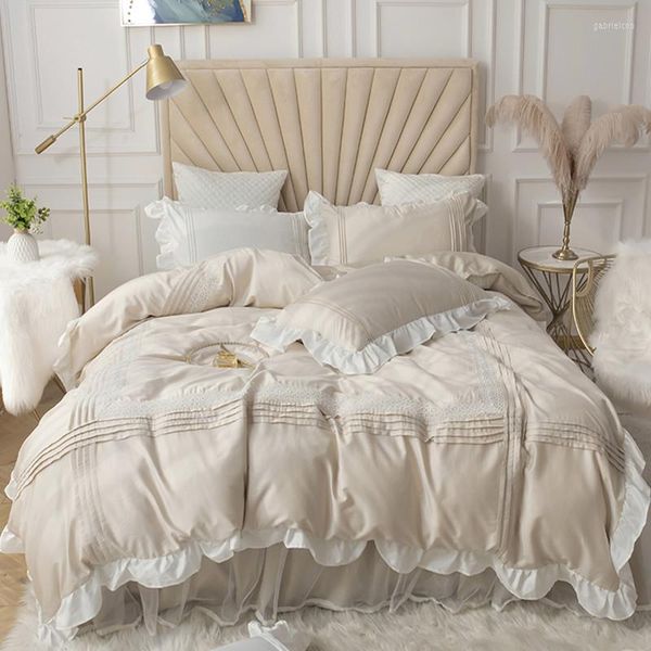 Beige Princess Bedding Set with Lace Bedspread, Ruffle Duvet Cover and Bed Skirt for Wedding Home Textile