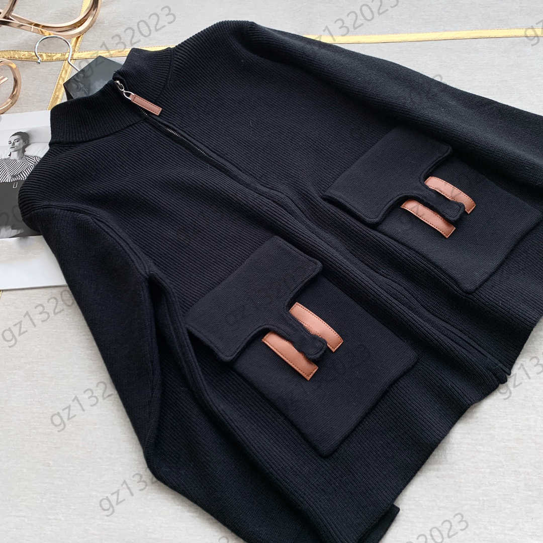 Cardigan Womens Sweater Pocket Stitching Leather Logo Loose Knit Sweaters Stand Collar Custom Zipper Opening Long Sleeves Knitwear Fashion Slimming