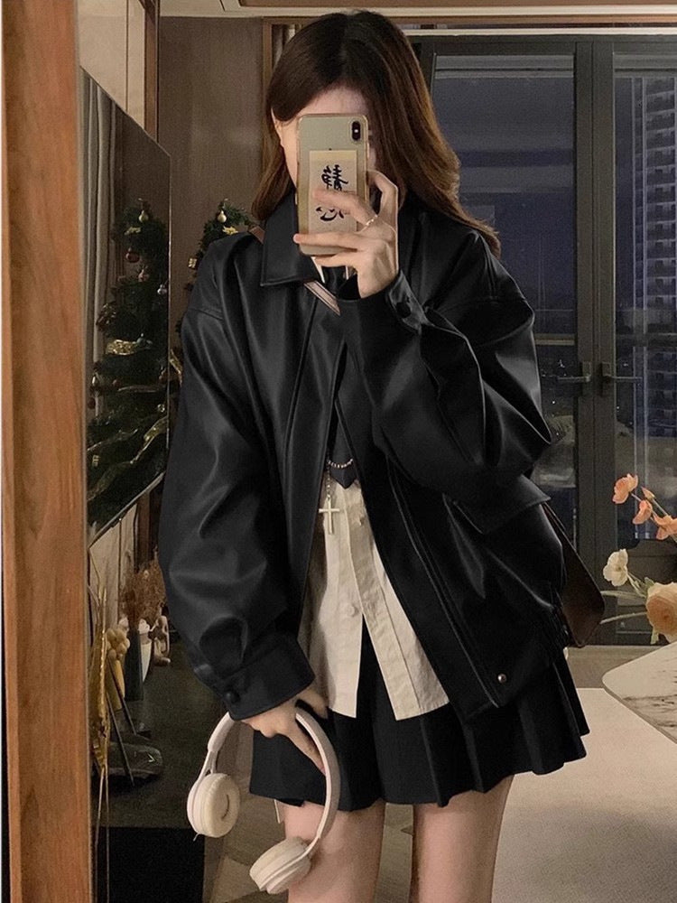 Womens Y2k Jacket 2024 Autumn Fashion Street Loose Casual Retro Heavy Double-Layer Collar Profile Jacket Leather Coat Female 241030
