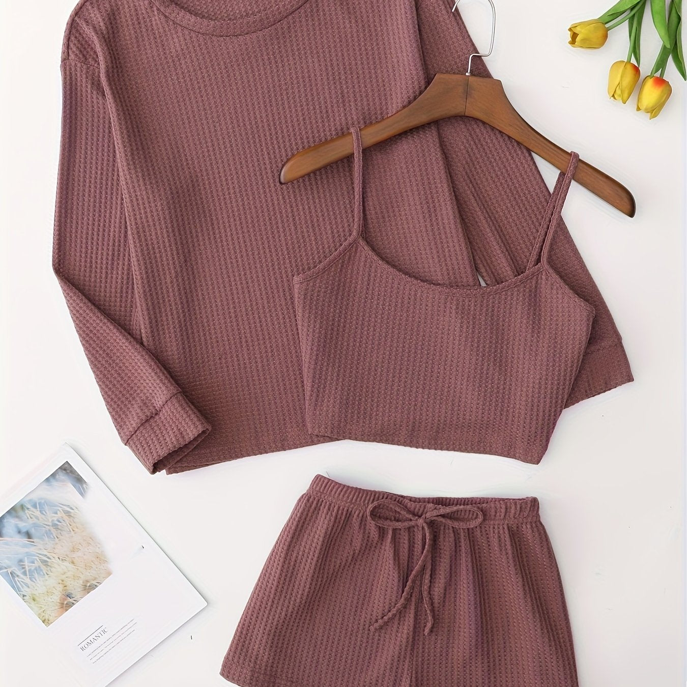 TEMU Solid Waffle Lounge Set, Casual Long Sleeve Crew Neck Top & Cami Top & Elastic Waistband Shorts, Women's Loungewear & Sleepwear