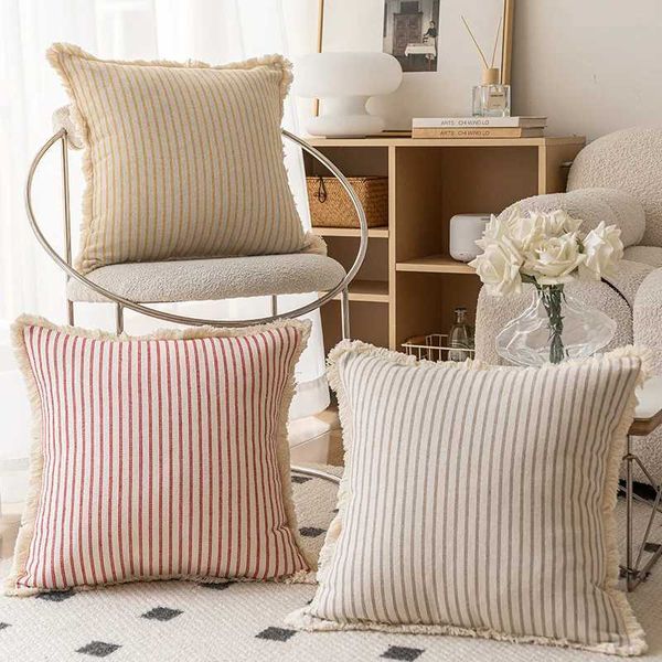 High Quality 18x18in-20x20in BohoThick cotton linen strip mat cover farmhouse throw cover sofa Livingro bedding T241113