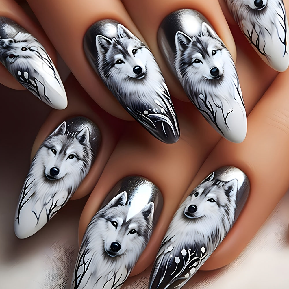 TEMU 24pcs Glossy Press On Nails Long Almond Fake Nails Wolf Nails Glitter Artificial Reusabe False Nails For Women And Girl