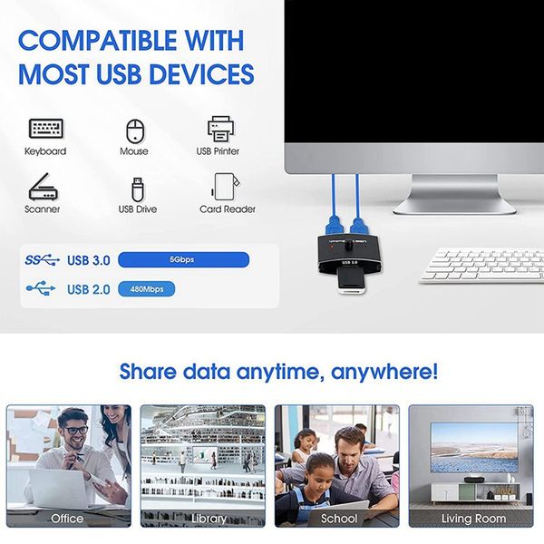 2X USB 3.0 Switch Selector KVM Switch 5Gbps 2 In 1 Out USB Switch Two-Way Sharer For Printer Keyboard Mouse Sharing