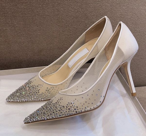 Top Mesh Mesh Wedding Shoes Designer de luxo Rhinestone Decoration Ladies Dress Shoes Ponto de Toe Fashion Dress Sapatos calçados de fábrica