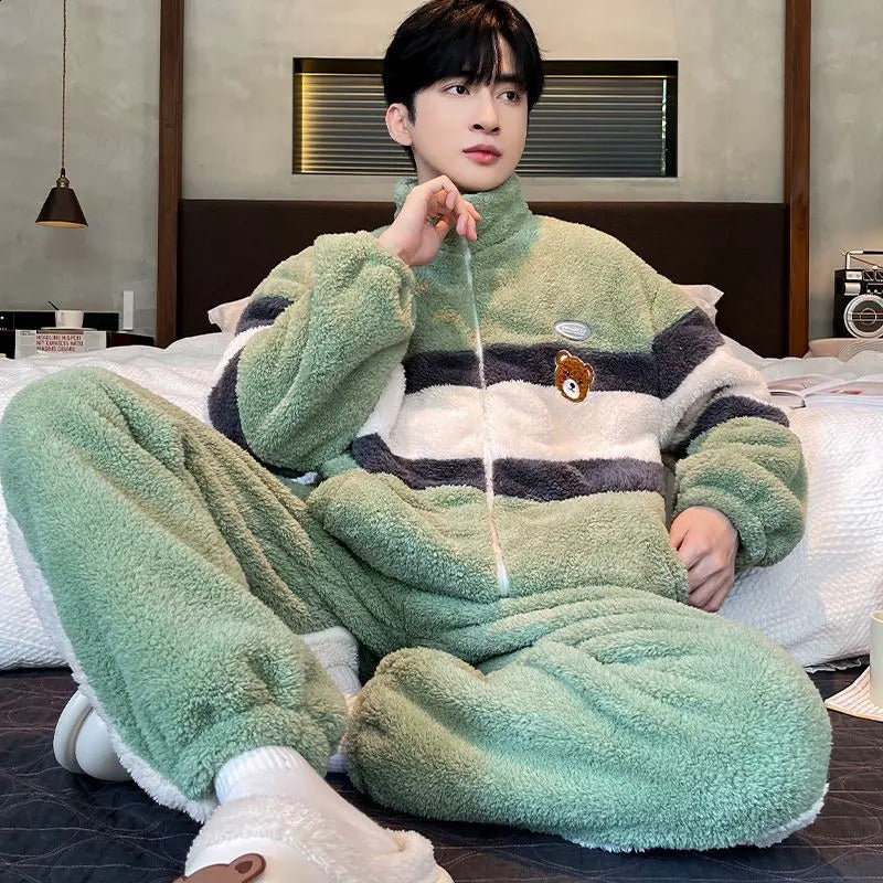 Mens Pajama Set Winter Thick Flannel Mens Home Clothes Coral Velvet Stand Collar Large Size Casual Pajama 240830