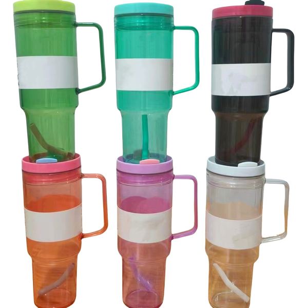 40oz Plastic Water Bottle Brand Letter transparent Juice Cup Colorful Cold Water Straw Handle Mug Travel Out Portable Kettles