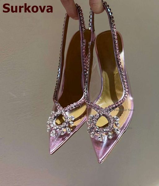 Surkova Purple Sier Glitter Crystal Floral Wedding Shoes Clear PVC Patchwork Pointed Toe Dress Pumps Thin Heels Rhinestone