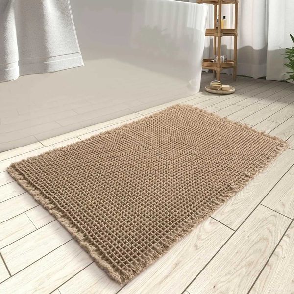 Waffle Bathroom Mat Super Absorbent Non-Slip Mat Suitable for Bathroom Floor Machine Washable Super Soft Bath Mat with TasselsC241227