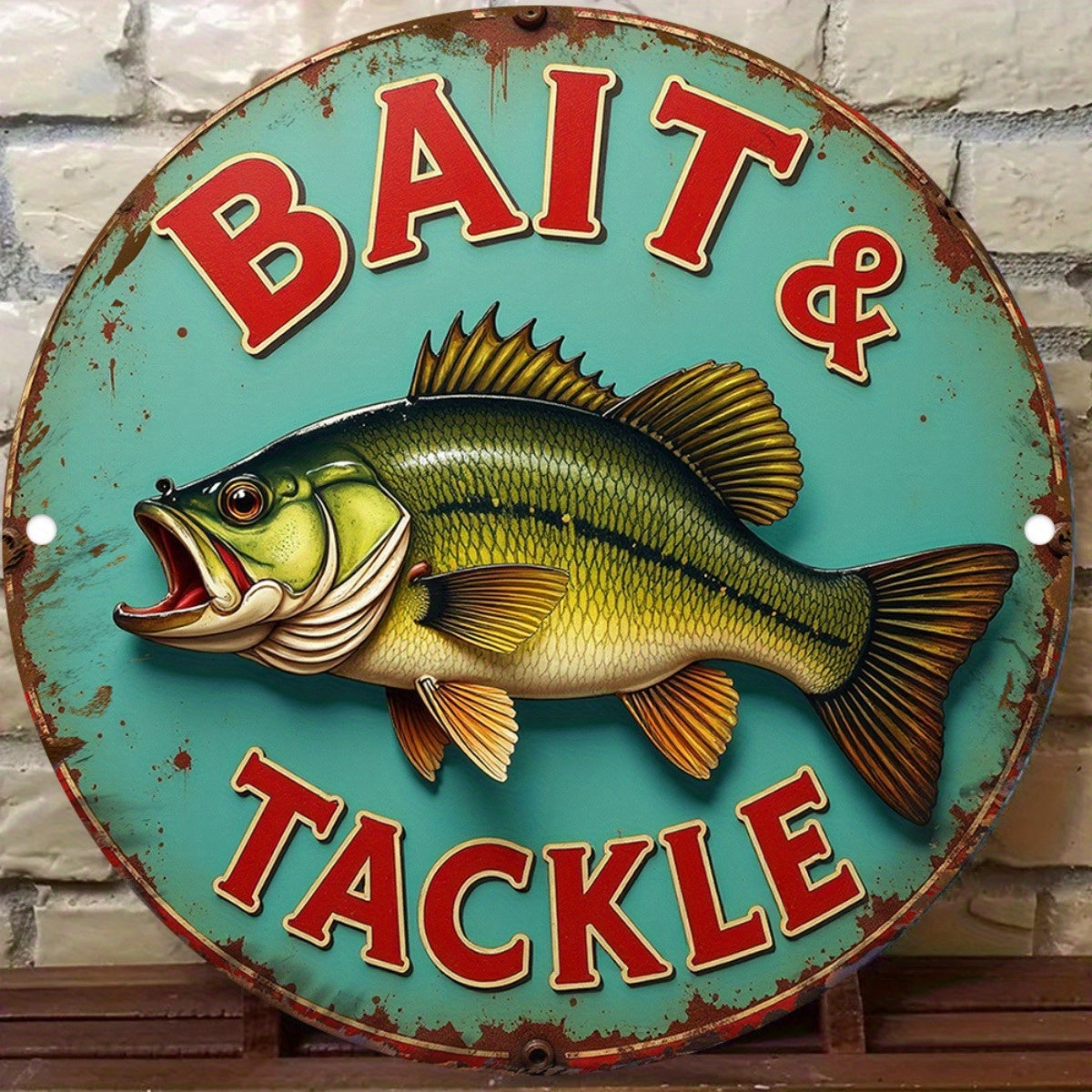 TEMU 2d Flat, Vintage Metal Tin Sign - Rustic Teal & Red Fishing Wall Decor With Perch Fish - Weathered Finish Aluminum Poster For Garage, Kitchen,