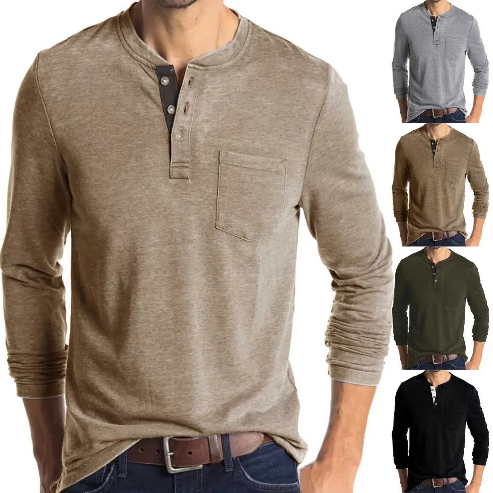 Mens Henley Collar Long Sleeved T-shirts Solid Casual Top Single Breasted Pocket TShirt Soft Comfy Bottoming Shirt for AutumnX240919