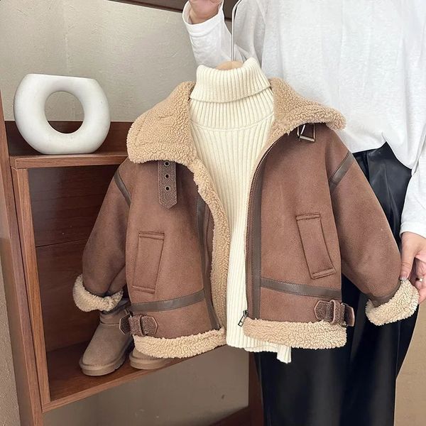 Coat Cashmere Leather Jacket Winter Keep Warm Boys Thick Lining with Plush Fur Collar Hooded Heavy for Kids Girls Coats 231109